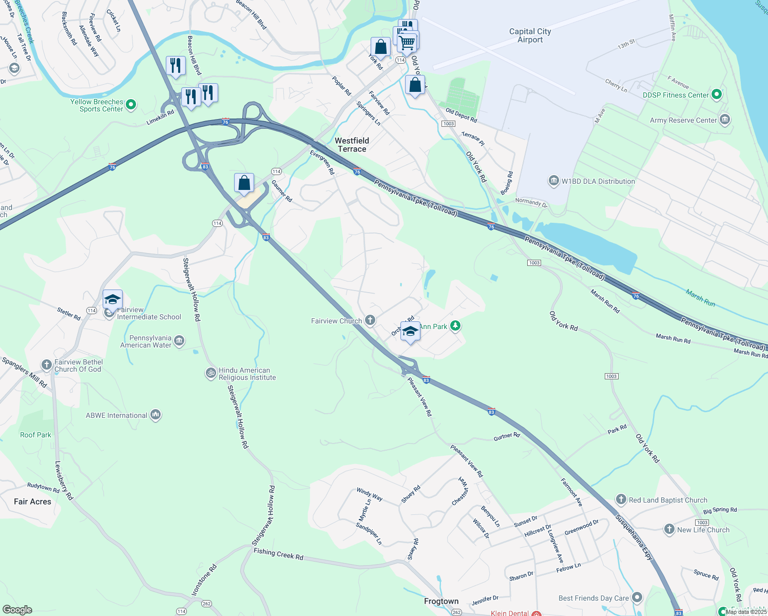 map of restaurants, bars, coffee shops, grocery stores, and more near 207 Walnut Level Road in New Cumberland