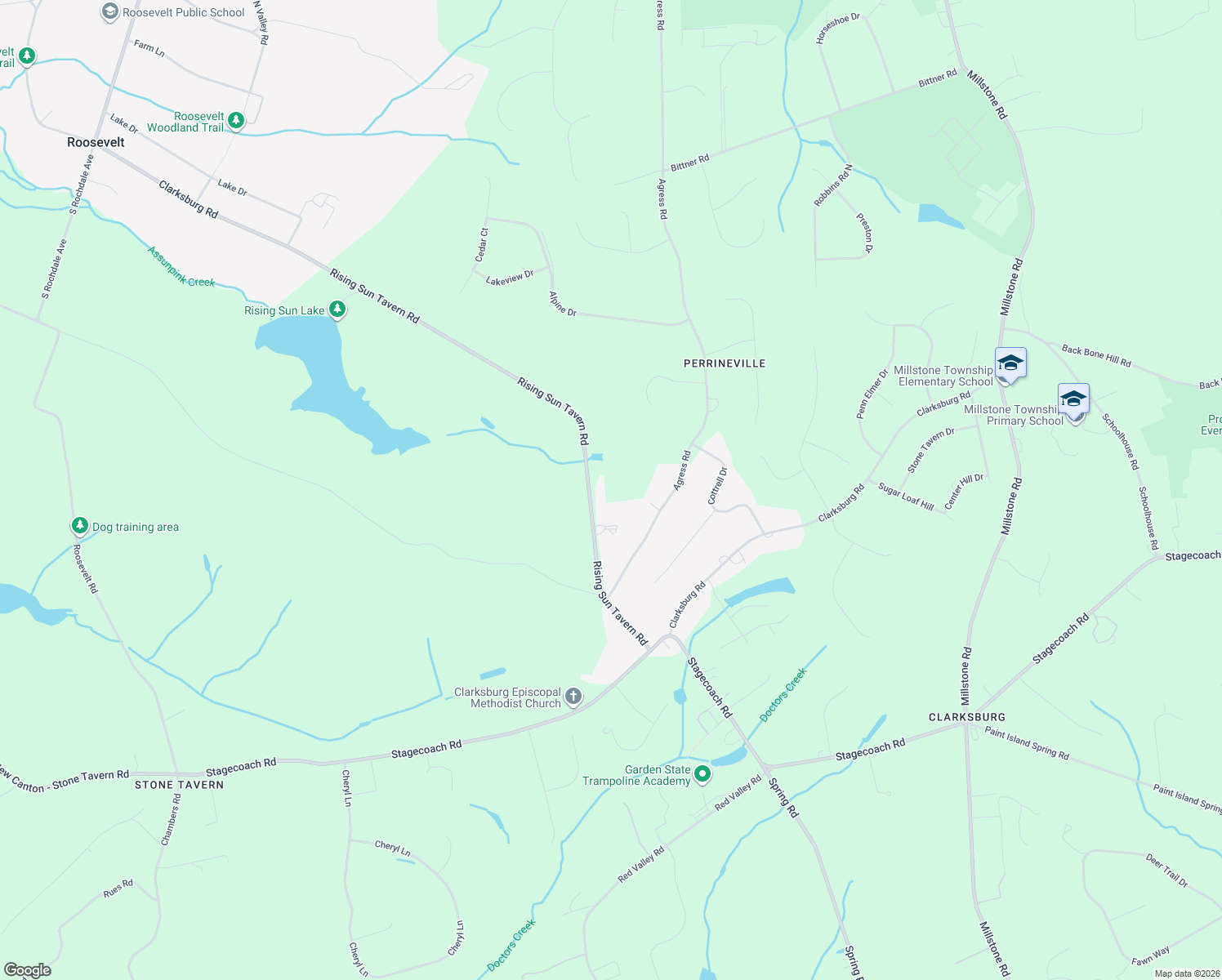 map of restaurants, bars, coffee shops, grocery stores, and more near 58 Rising Sun Tavern Road in Millstone