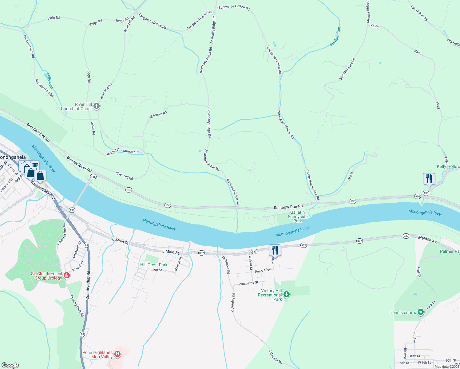 map of restaurants, bars, coffee shops, grocery stores, and more near 4324 Rostosky Ridge Road in Monongahela