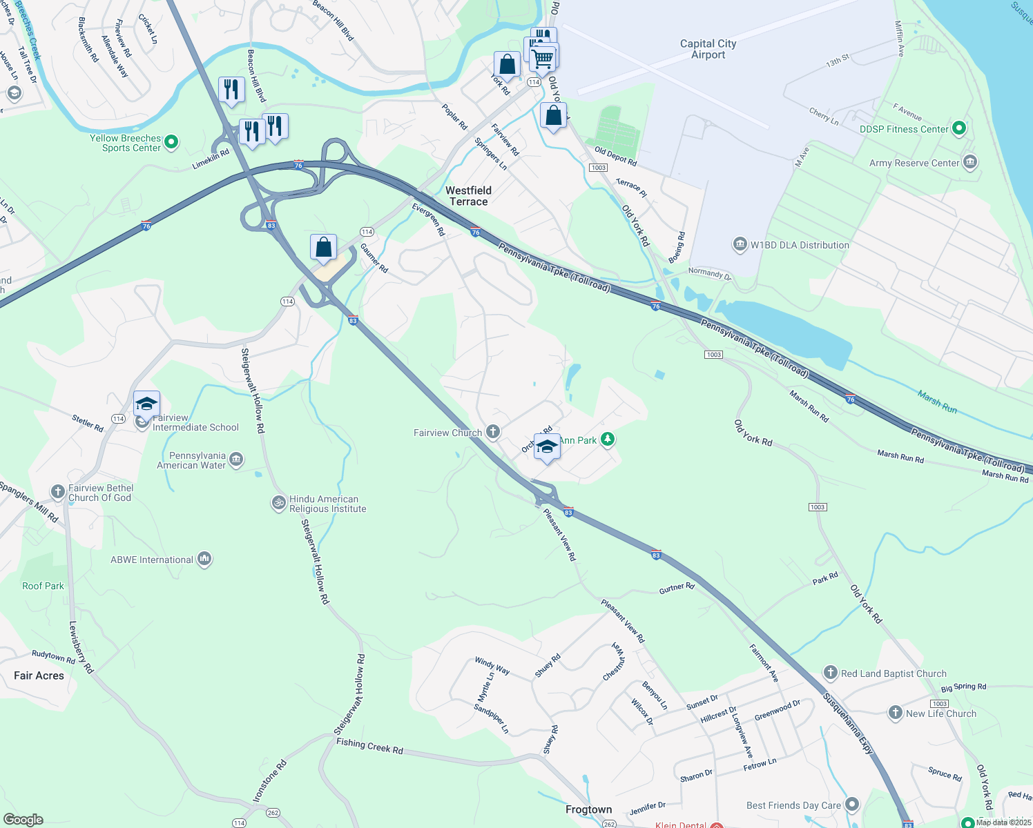 map of restaurants, bars, coffee shops, grocery stores, and more near 209 Walnut Level Road in New Cumberland