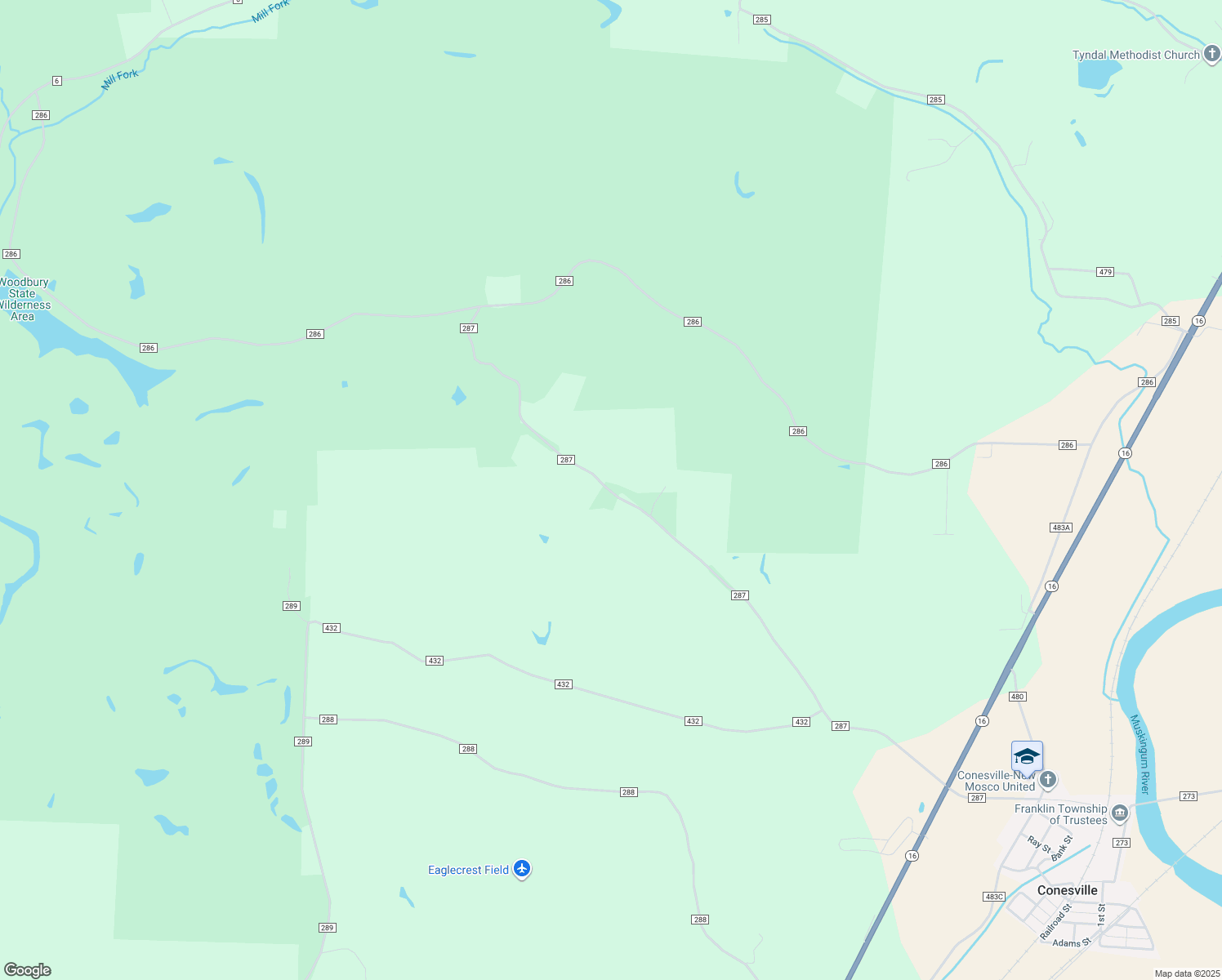 map of restaurants, bars, coffee shops, grocery stores, and more near 16905 Township Road 287 in Conesville