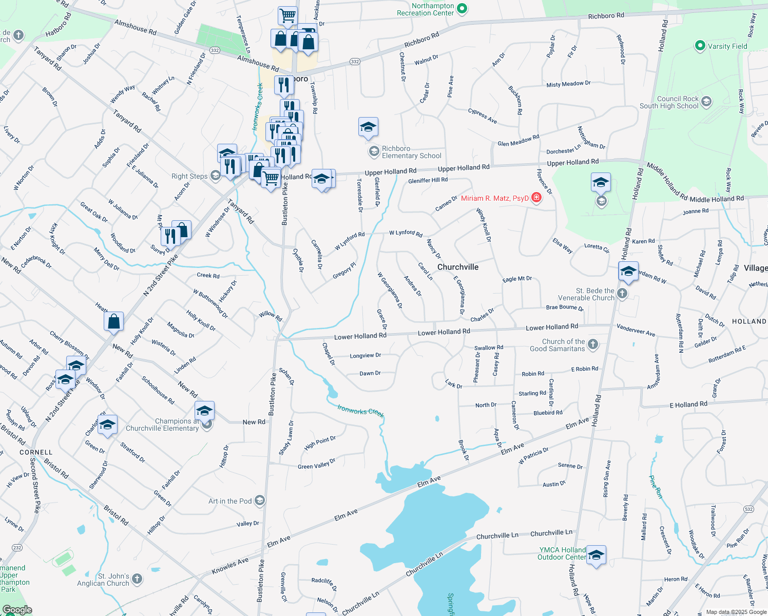 map of restaurants, bars, coffee shops, grocery stores, and more near 40 Grace Drive in Richboro