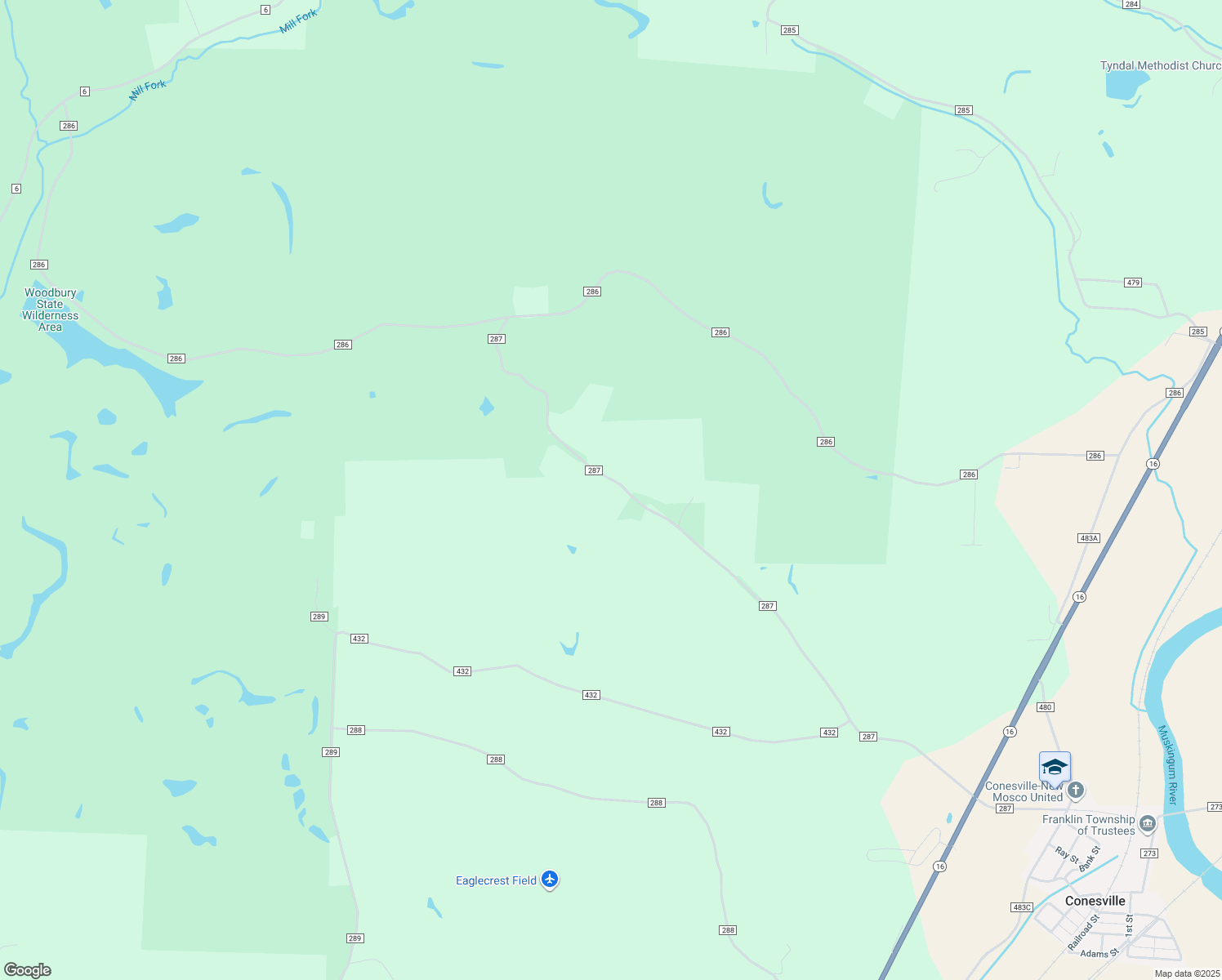 map of restaurants, bars, coffee shops, grocery stores, and more near 16905 Township Road 287 in Conesville