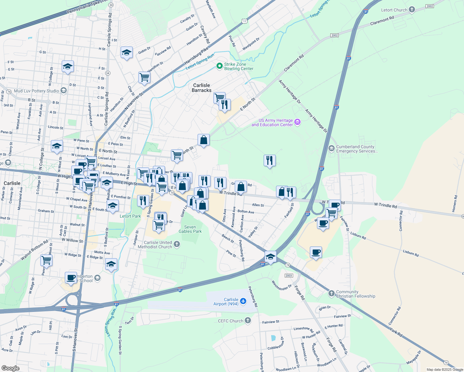 map of restaurants, bars, coffee shops, grocery stores, and more near 6 Greystone Road in Carlisle