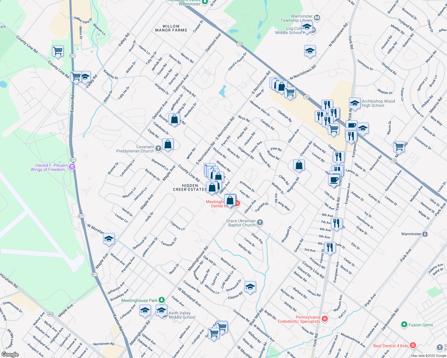 map of restaurants, bars, coffee shops, grocery stores, and more near 978 Coronet Road in Warminster