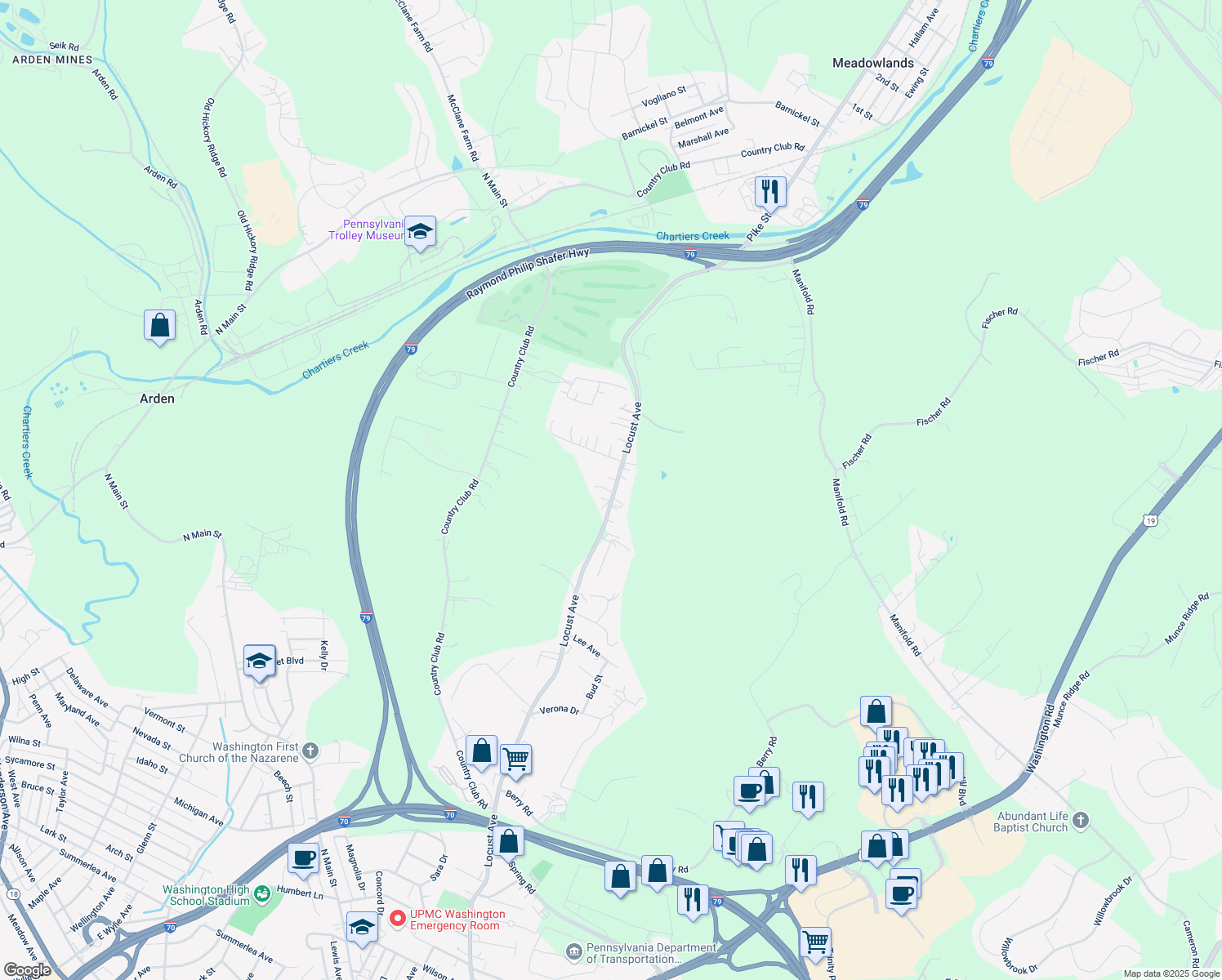 map of restaurants, bars, coffee shops, grocery stores, and more near 1165 Locust Avenue in Washington