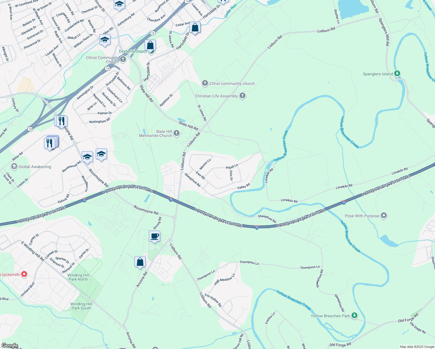 map of restaurants, bars, coffee shops, grocery stores, and more near 3 Sna Ln in Mechanicsburg