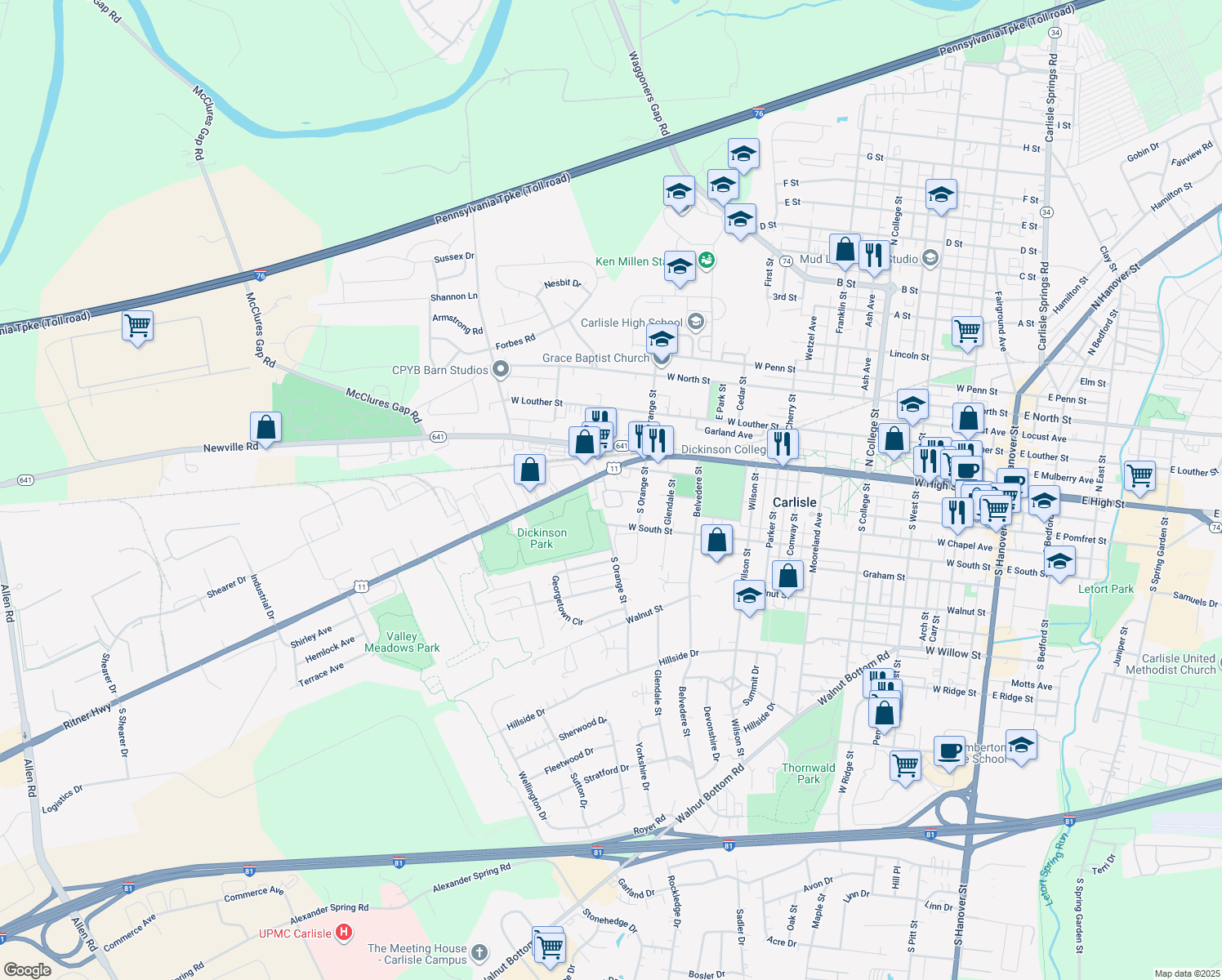 map of restaurants, bars, coffee shops, grocery stores, and more near 35 Cambridge Court in Carlisle