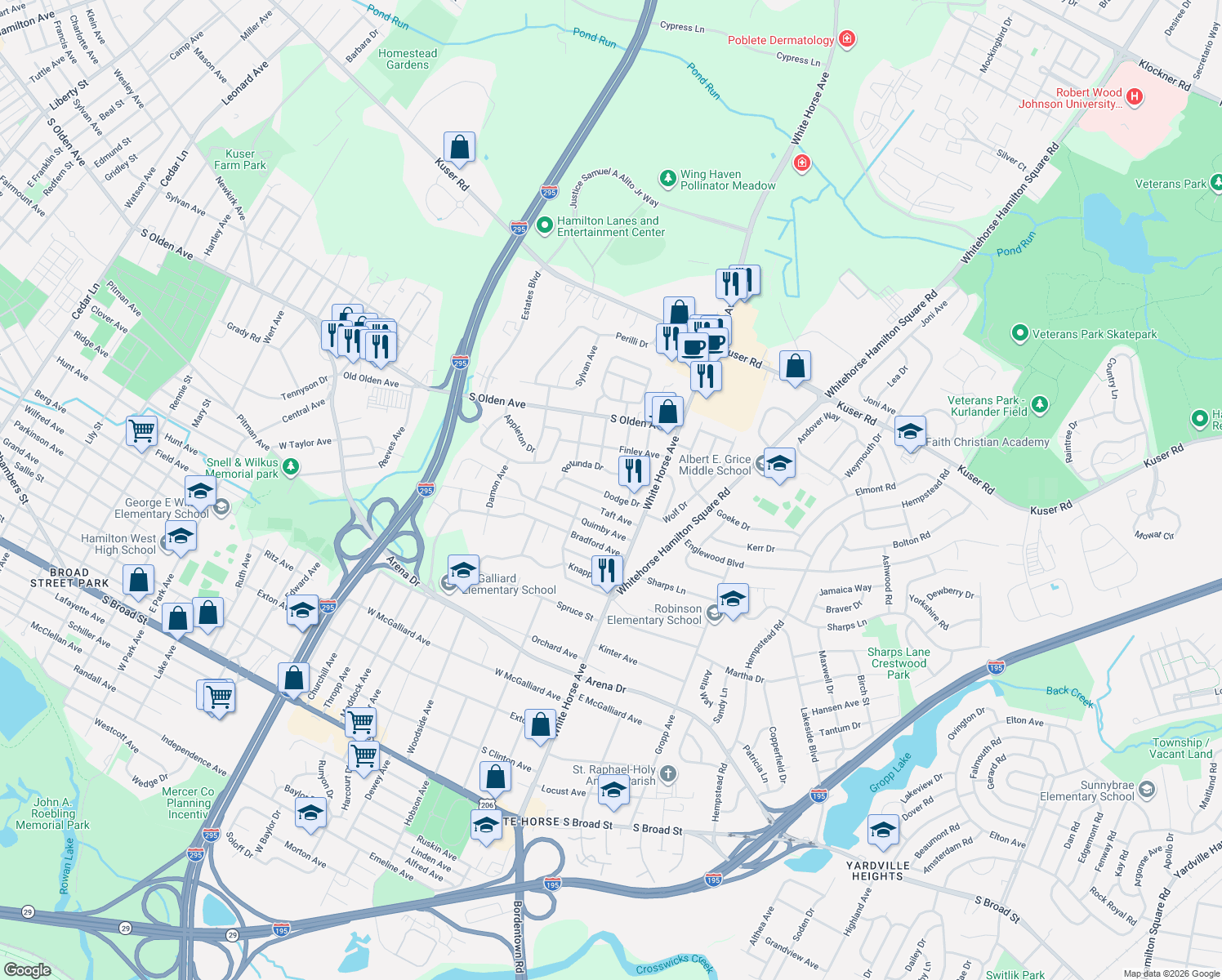 map of restaurants, bars, coffee shops, grocery stores, and more near 18 Dodge Dr in Trenton