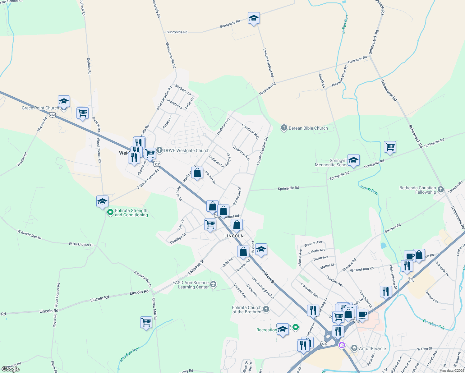 map of restaurants, bars, coffee shops, grocery stores, and more near 643 Buchanan Dr in Ephrata