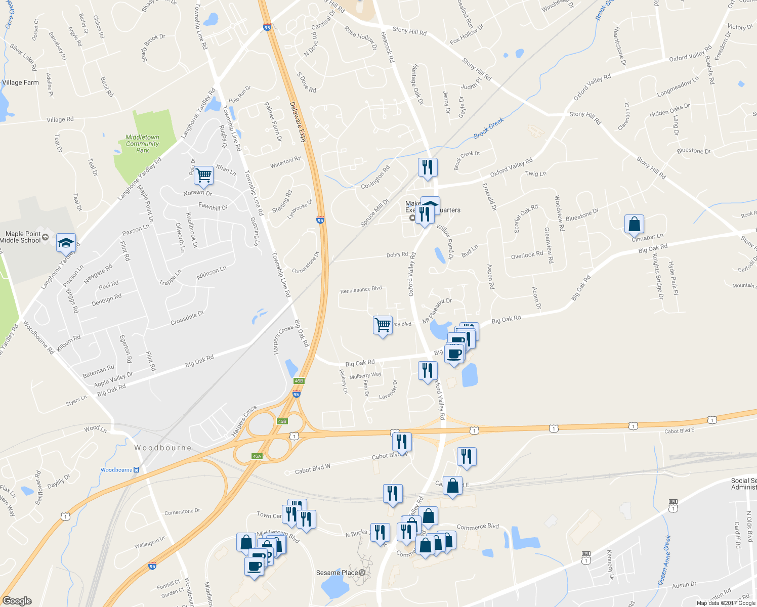map of restaurants, bars, coffee shops, grocery stores, and more near 1698 Pierce Way in Yardley