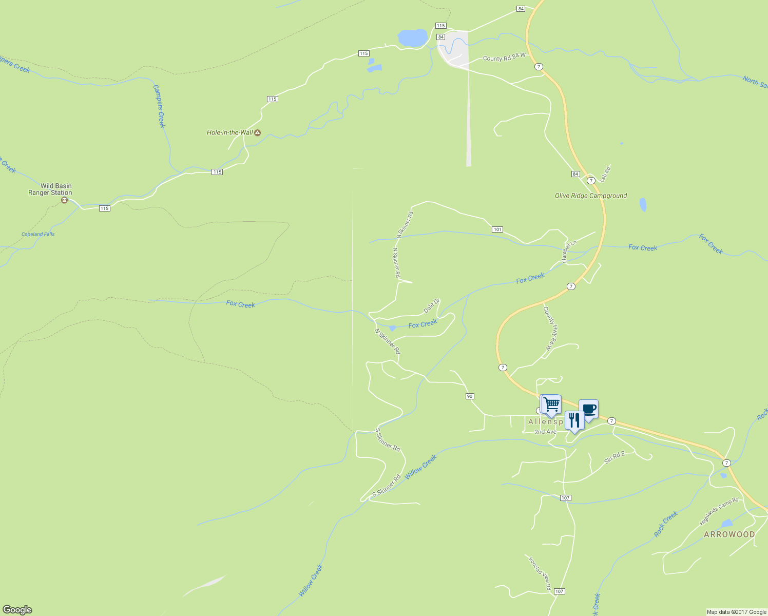 map of restaurants, bars, coffee shops, grocery stores, and more near 409 North Skinner Road in Allenspark