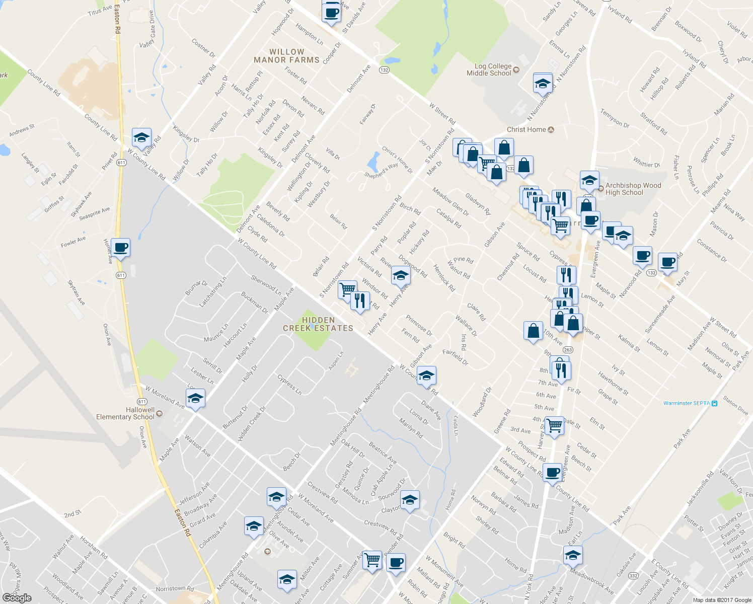 map of restaurants, bars, coffee shops, grocery stores, and more near 987 Coronet Road in Warminster