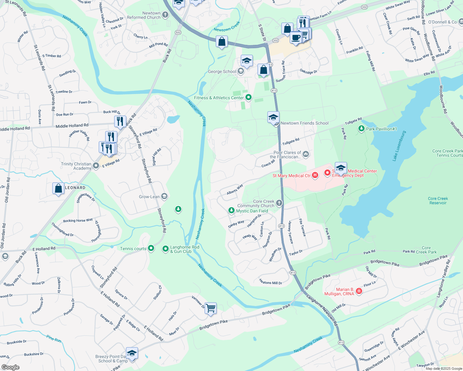 map of restaurants, bars, coffee shops, grocery stores, and more near 260 Cambridge Drive in Langhorne