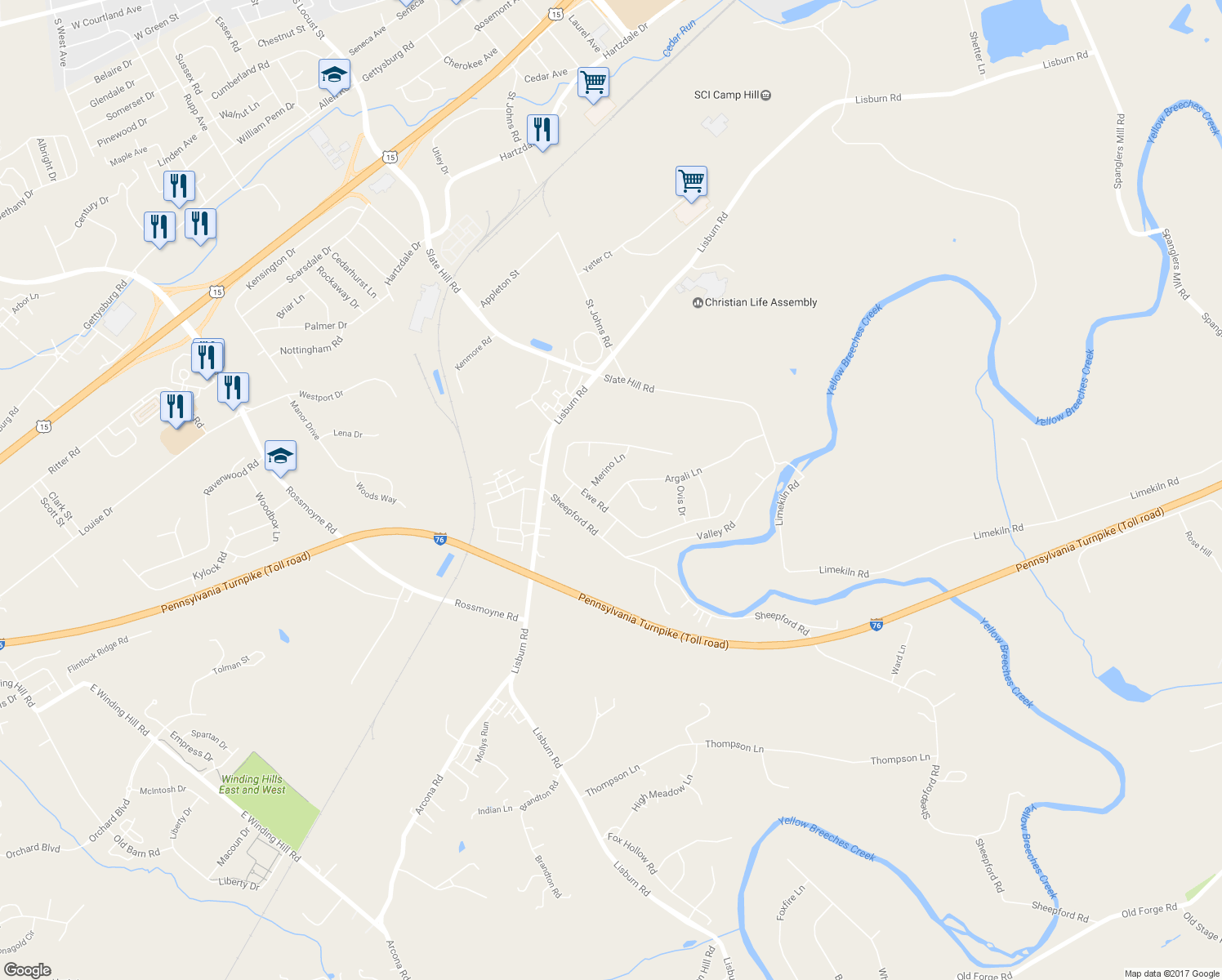 map of restaurants, bars, coffee shops, grocery stores, and more near 5 Argali Lane in Mechanicsburg