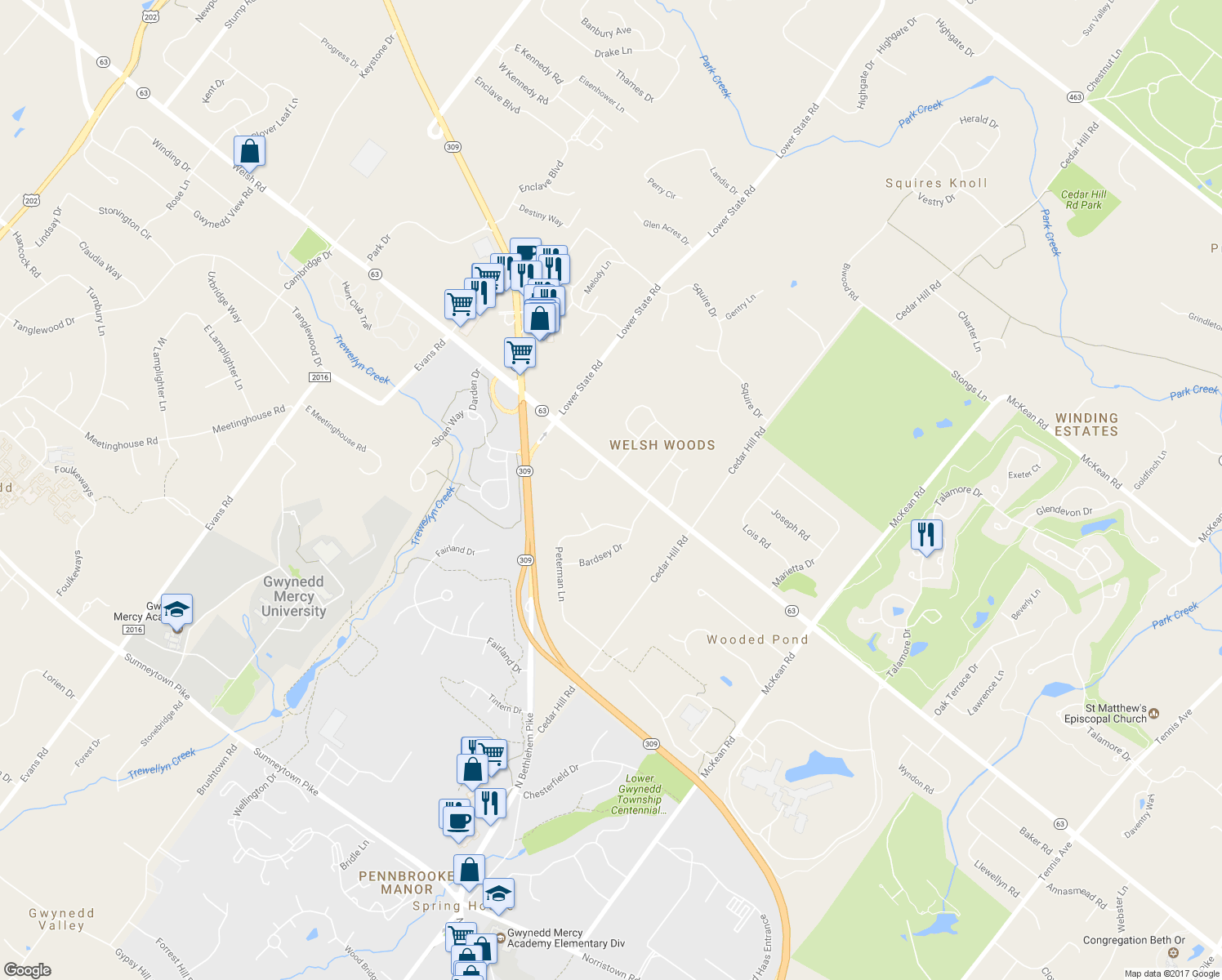 map of restaurants, bars, coffee shops, grocery stores, and more near 1032 West Welsh Road in Ambler