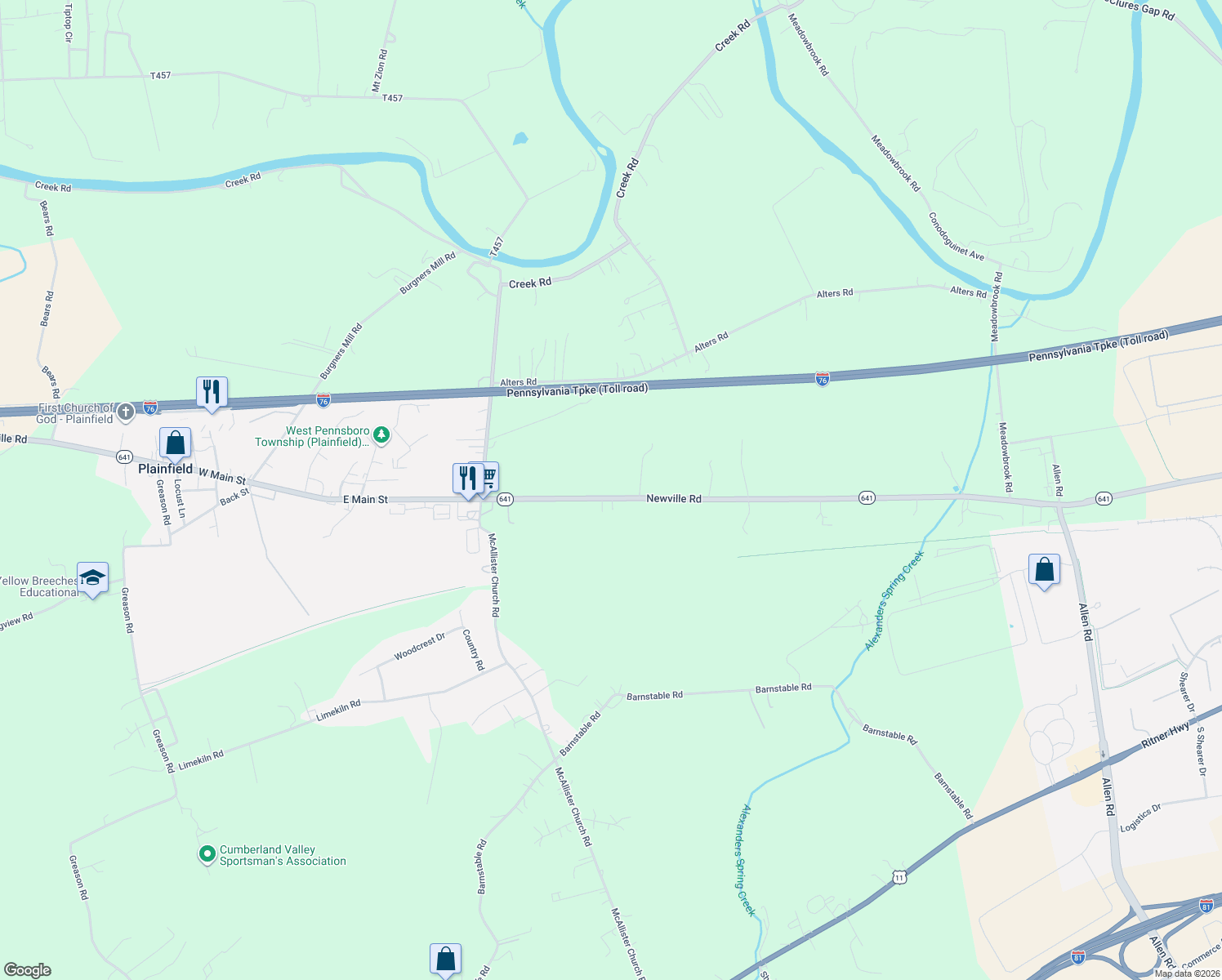 map of restaurants, bars, coffee shops, grocery stores, and more near 1713 Newville Rd in Carlisle