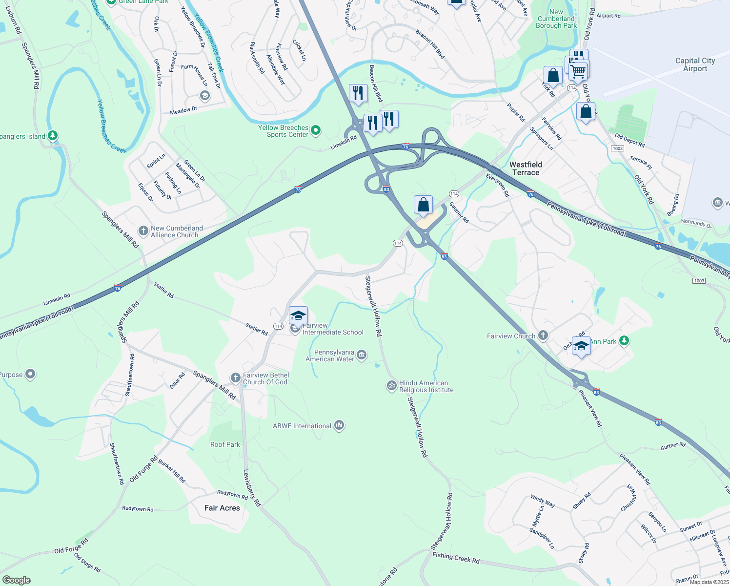 map of restaurants, bars, coffee shops, grocery stores, and more near 241 Steigerwalt Hollow Road in New Cumberland