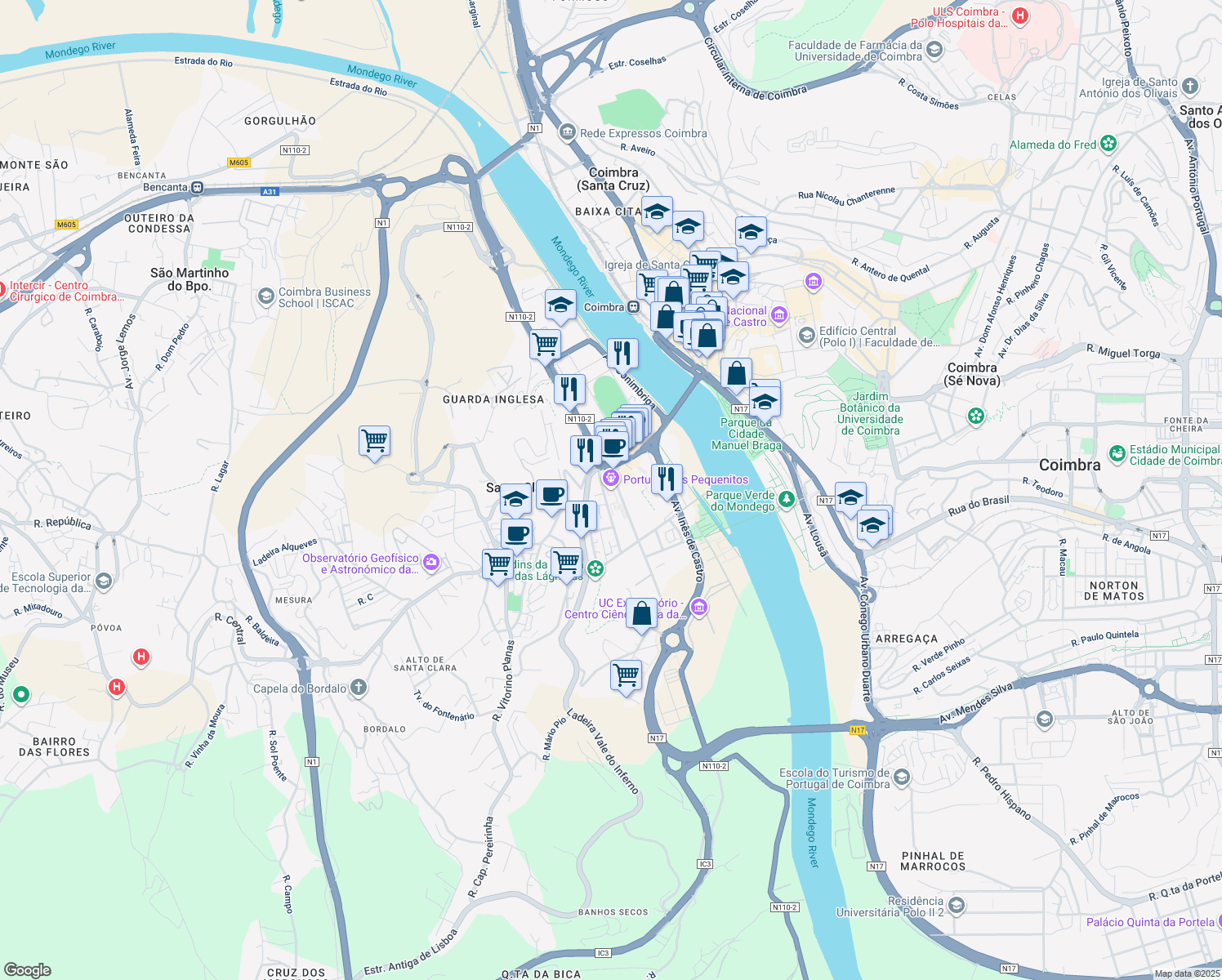 map of restaurants, bars, coffee shops, grocery stores, and more near Largo Rossio de Santa Clara in Coimbra