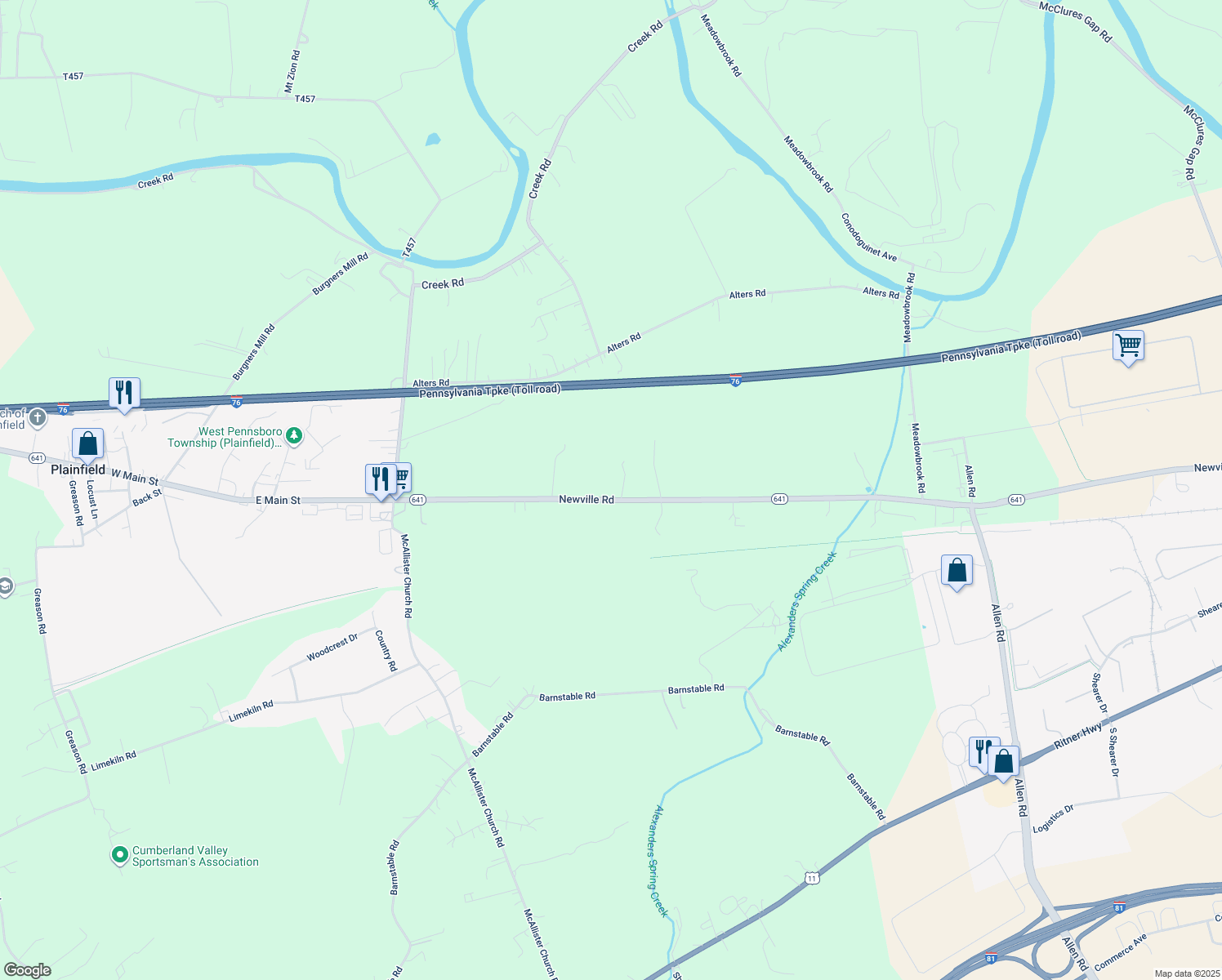 map of restaurants, bars, coffee shops, grocery stores, and more near 1679 Newville Rd in Carlisle
