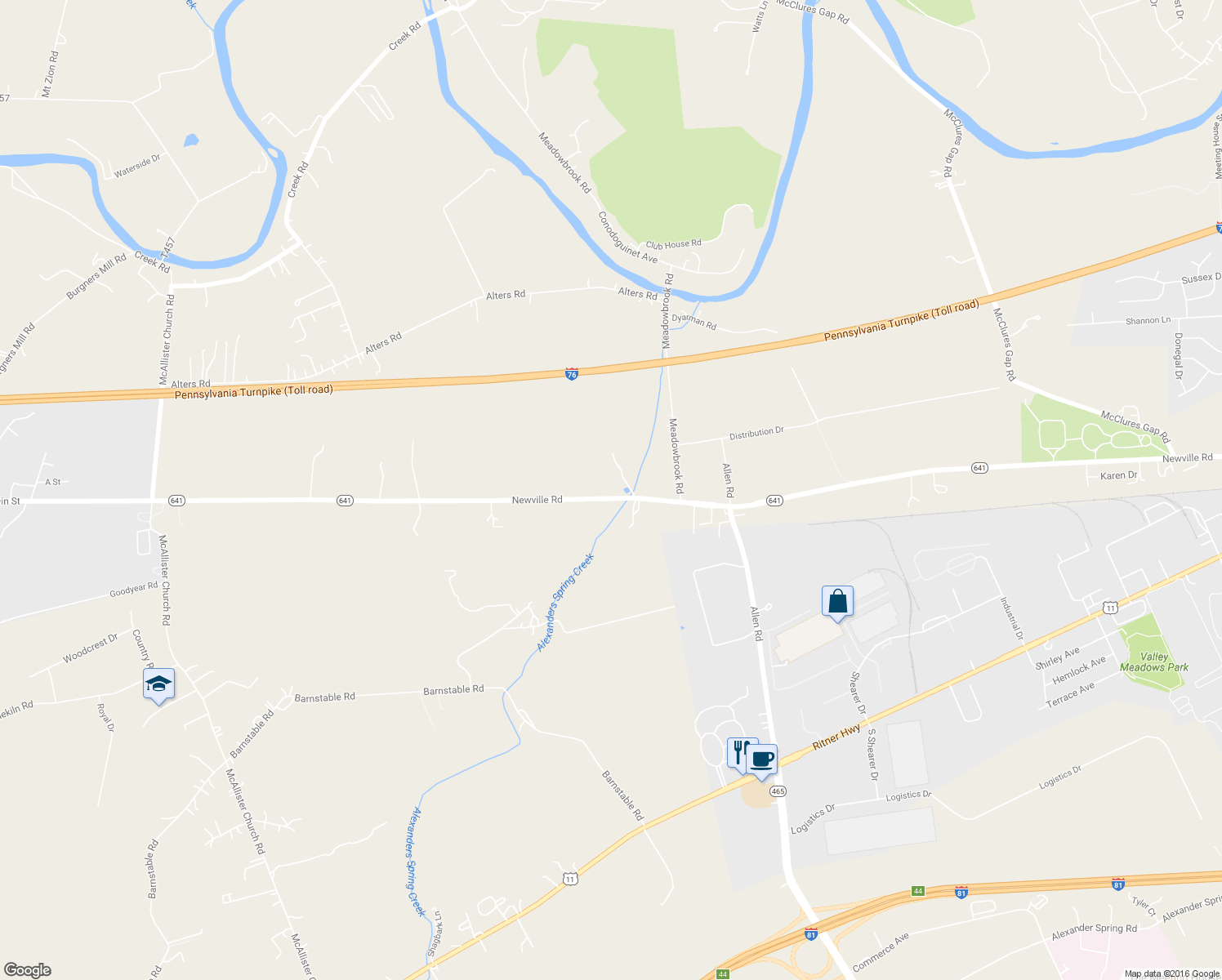 map of restaurants, bars, coffee shops, grocery stores, and more near 1537 Newville Road in Carlisle