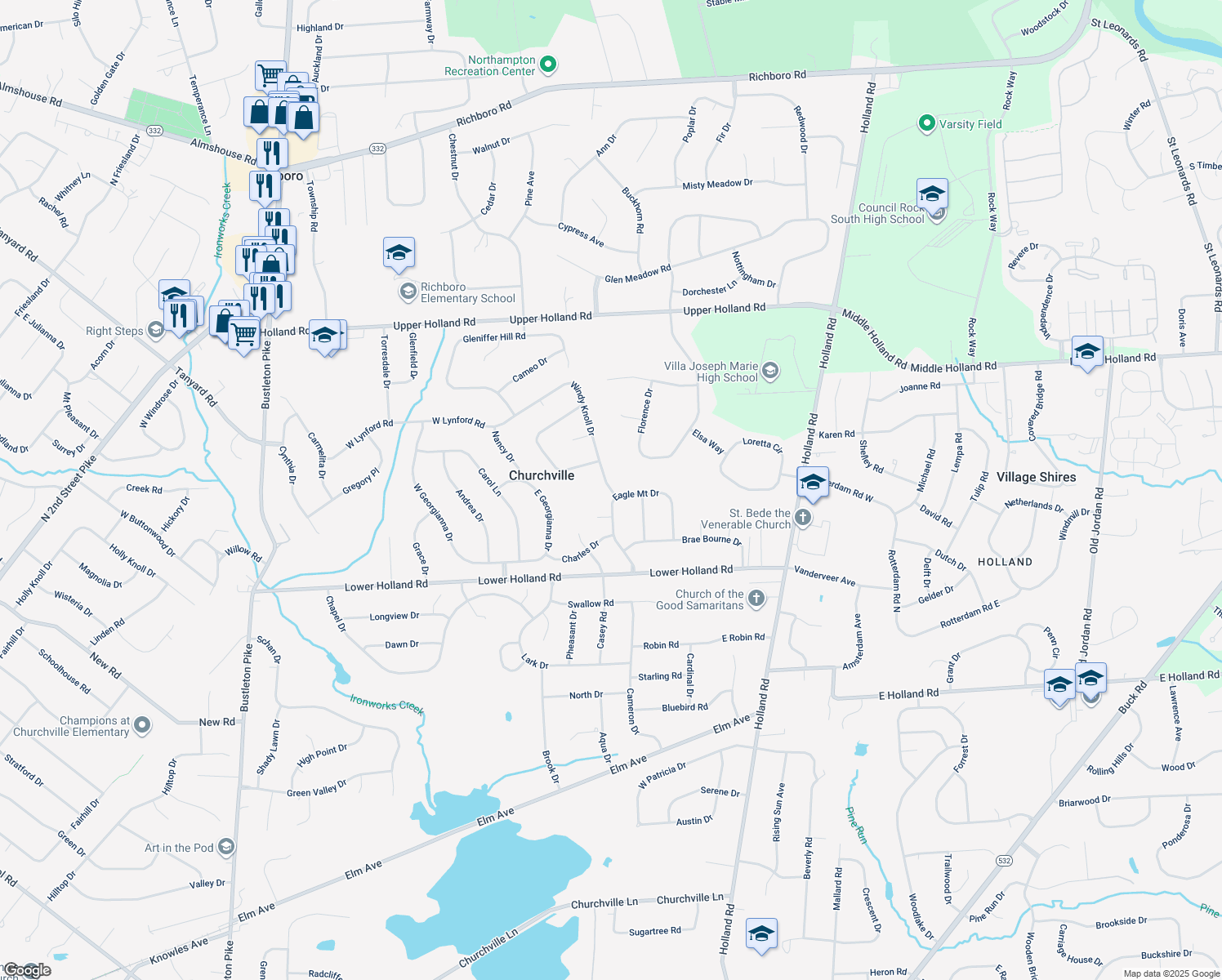 map of restaurants, bars, coffee shops, grocery stores, and more near 6 Windy Knoll Drive in Richboro