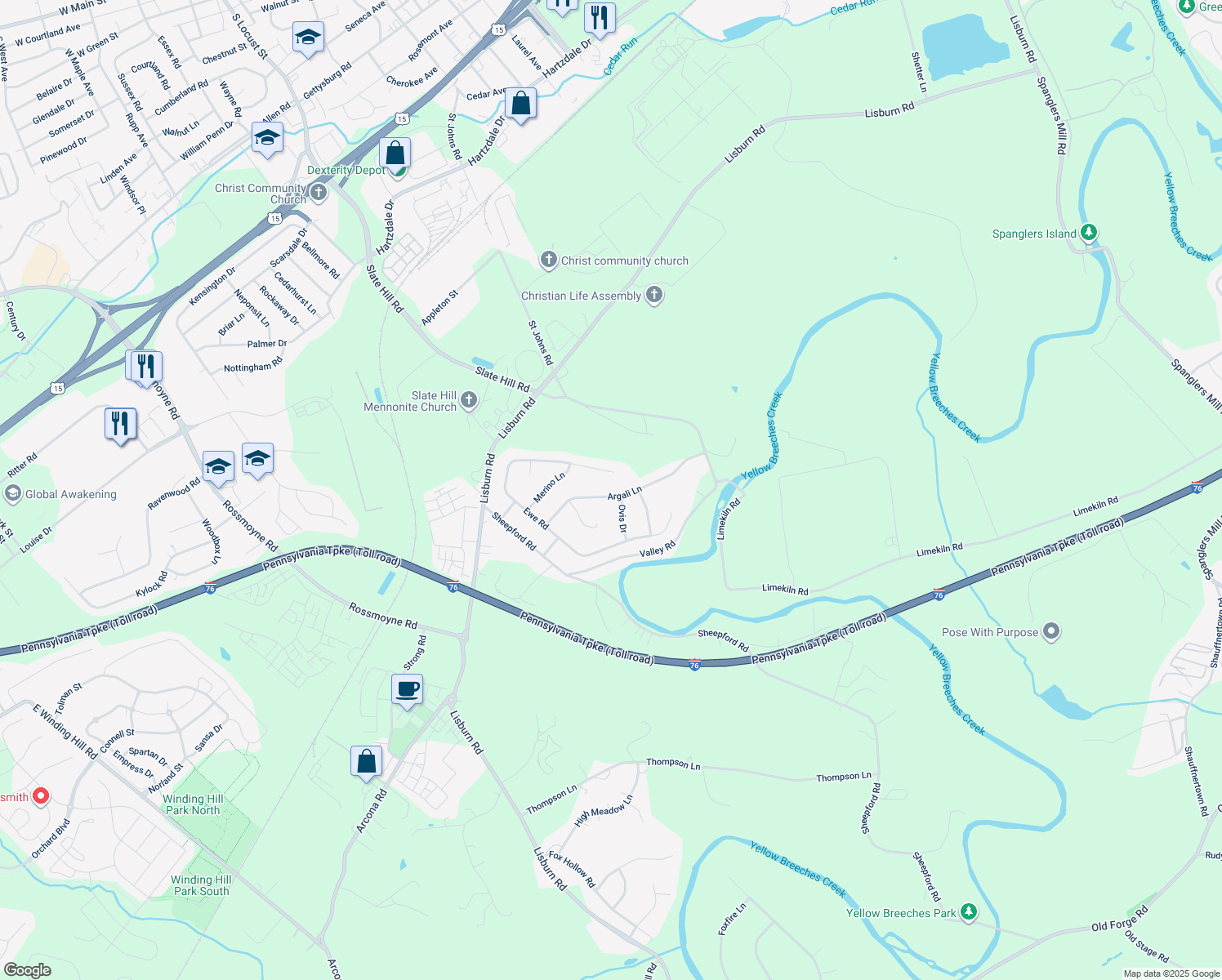map of restaurants, bars, coffee shops, grocery stores, and more near 23 Argali Lane in Mechanicsburg