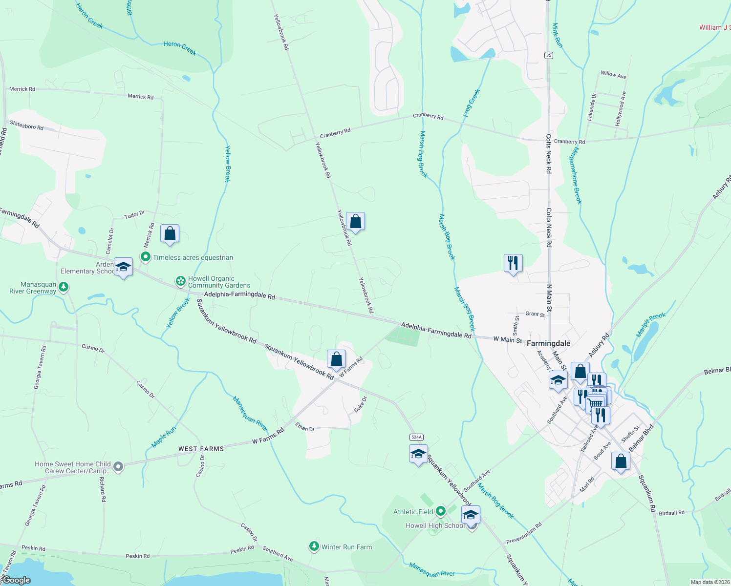 map of restaurants, bars, coffee shops, grocery stores, and more near 171 Yellow Brook Road in Farmingdale