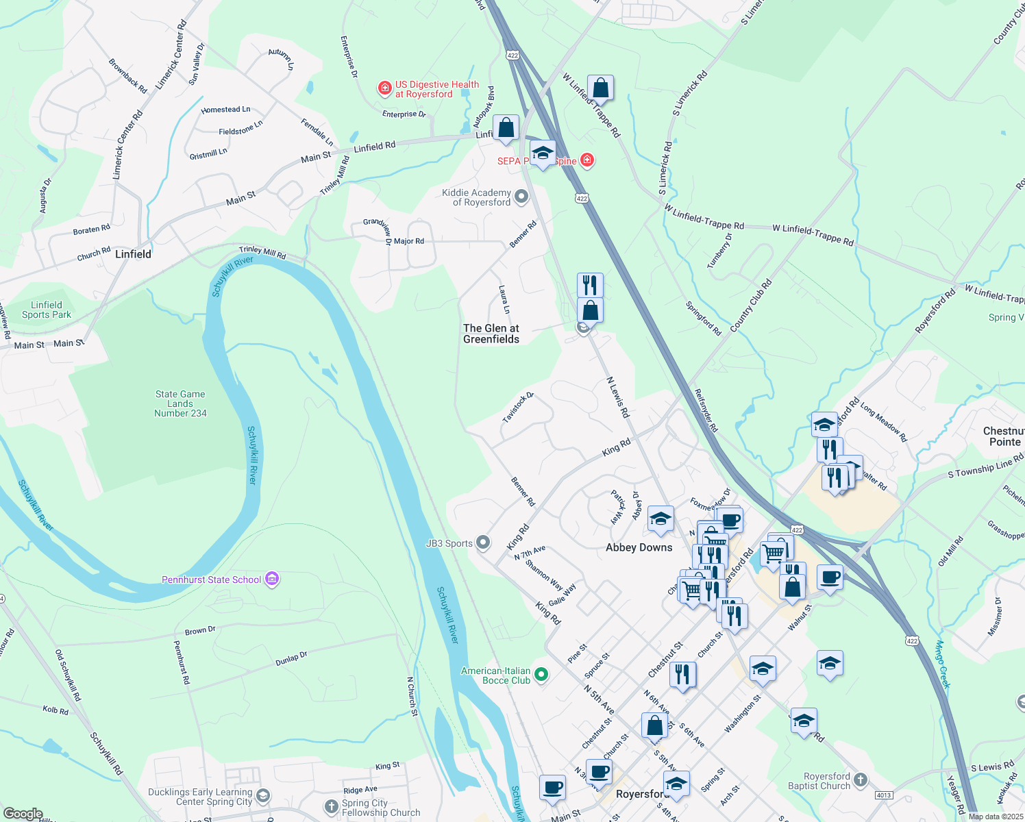 map of restaurants, bars, coffee shops, grocery stores, and more near 336 Tavistock Drive in Royersford