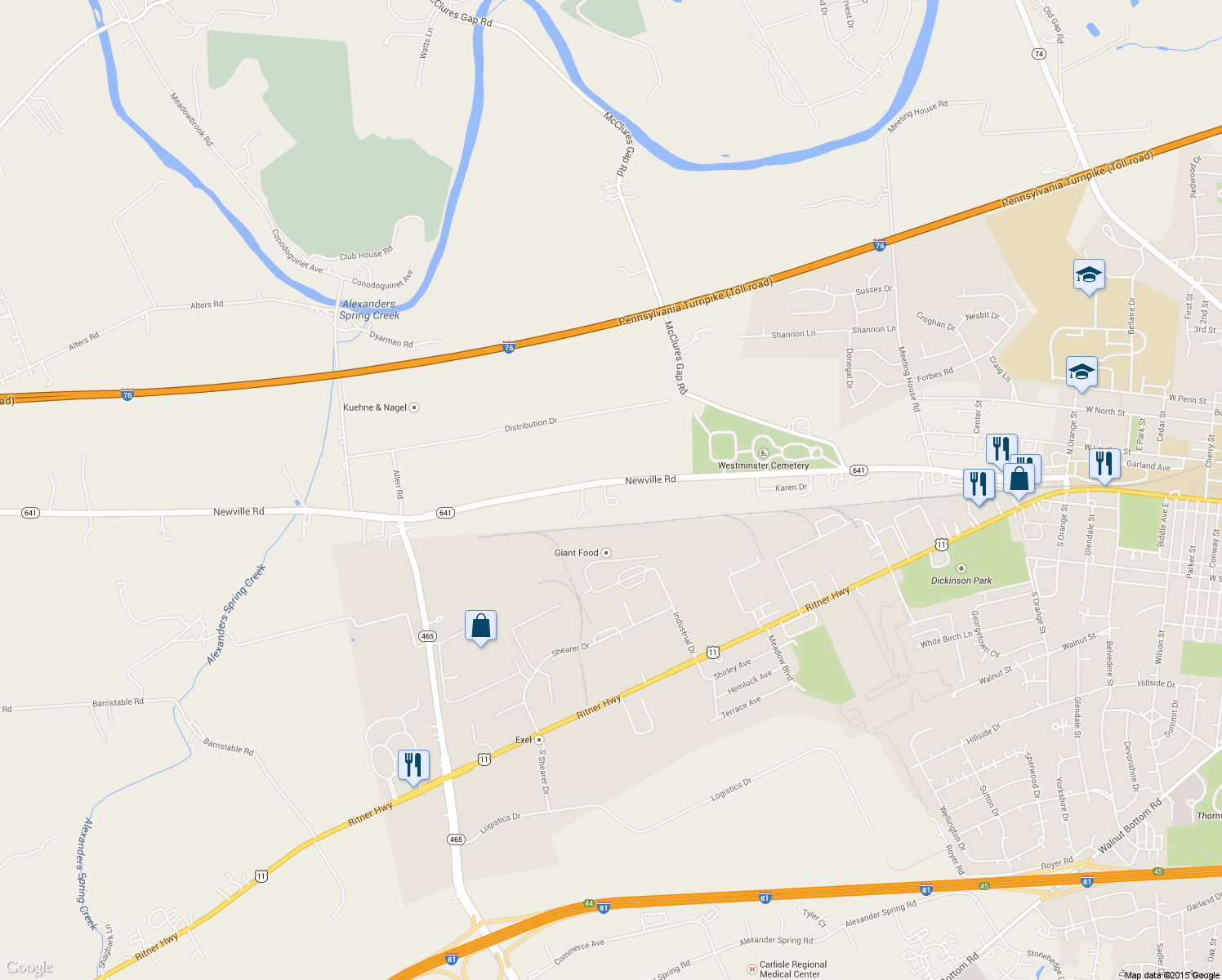 map of restaurants, bars, coffee shops, grocery stores, and more near 1198 Newville Road in Carlisle