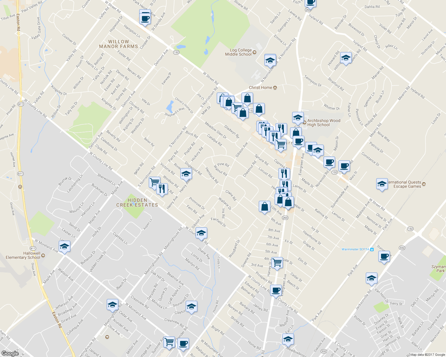 map of restaurants, bars, coffee shops, grocery stores, and more near 272 Gibson Avenue in Warminster