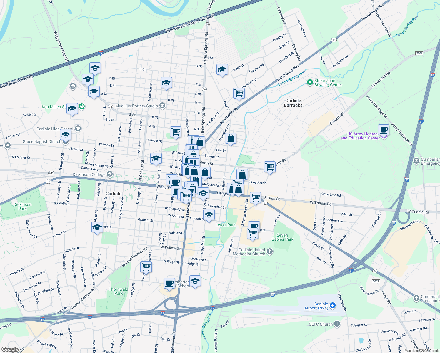 map of restaurants, bars, coffee shops, grocery stores, and more near 159 East Louther Street in Carlisle