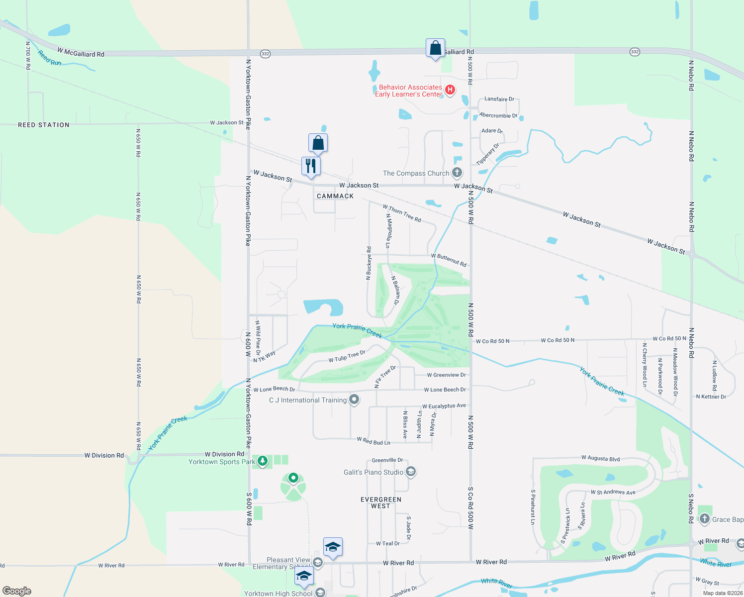 map of restaurants, bars, coffee shops, grocery stores, and more near 1200 N Buckeye Rd in Muncie