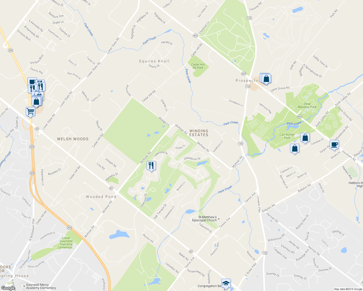 map of restaurants, bars, coffee shops, grocery stores, and more near 533 Exeter Court in Ambler