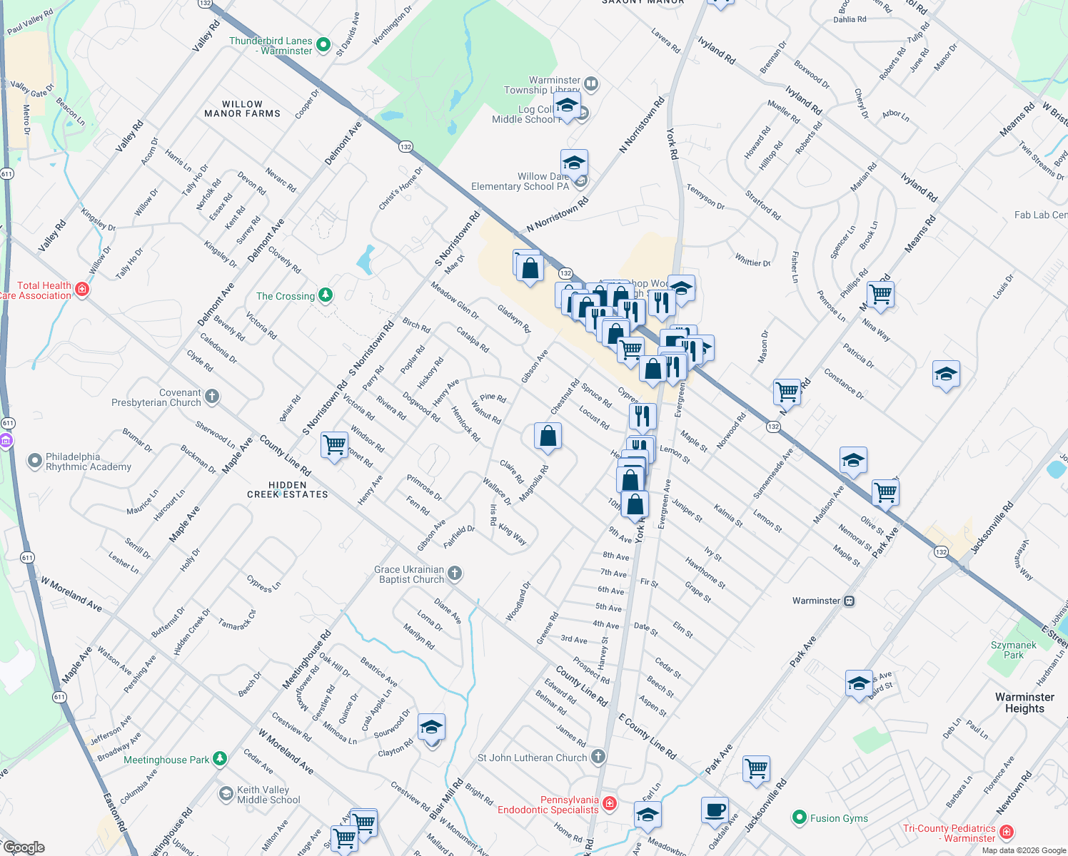 map of restaurants, bars, coffee shops, grocery stores, and more near 347 Magnolia Road in Warminster