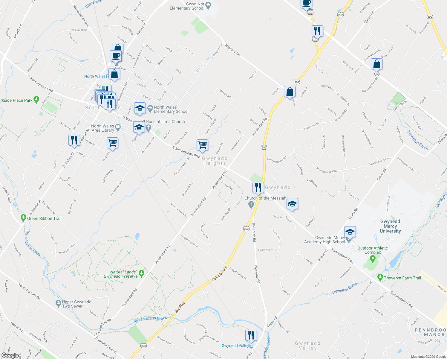 map of restaurants, bars, coffee shops, grocery stores, and more near 996 North Penn Oak Road in Gwynedd Valley