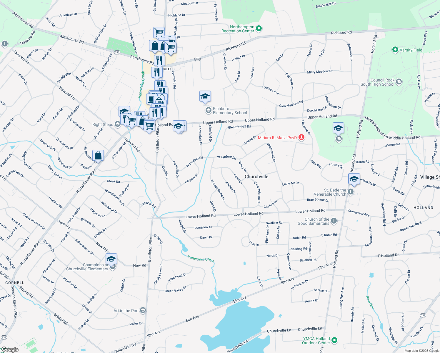 map of restaurants, bars, coffee shops, grocery stores, and more near 130 Andrea Drive in Richboro