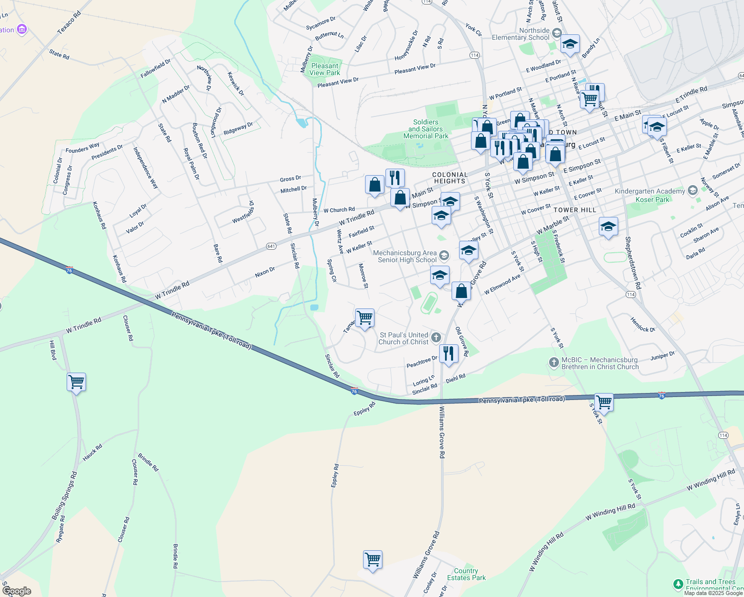 map of restaurants, bars, coffee shops, grocery stores, and more near 319 Monroe Street in Mechanicsburg