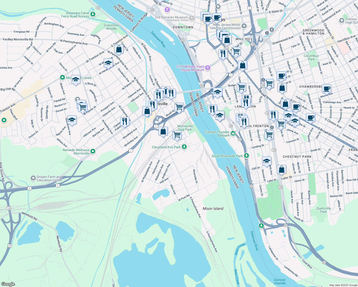 map of restaurants, bars, coffee shops, grocery stores, and more near 103 Delaware Avenue in Morrisville