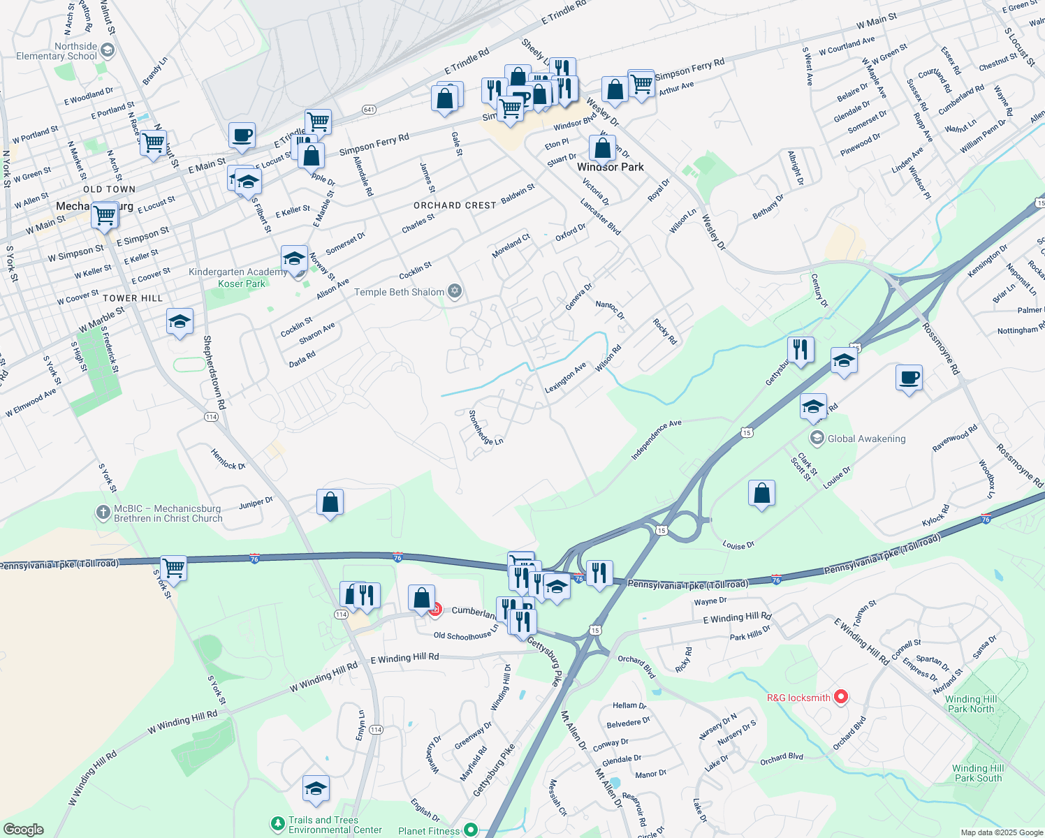 map of restaurants, bars, coffee shops, grocery stores, and more near 242 Stonehedge Lane in Mechanicsburg