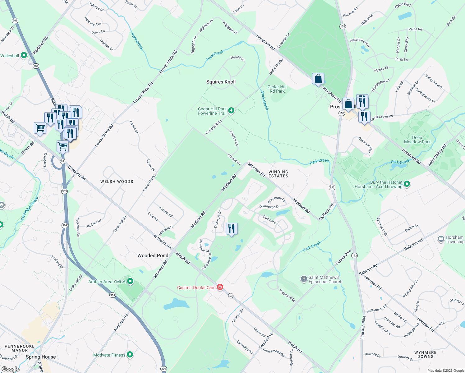 map of restaurants, bars, coffee shops, grocery stores, and more near 619 McKean Rd in Ambler