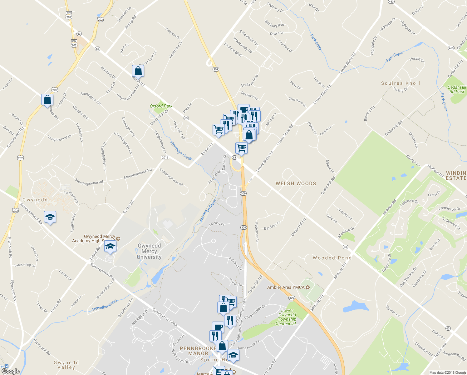 map of restaurants, bars, coffee shops, grocery stores, and more near 1250 Johnson Lane in Spring House