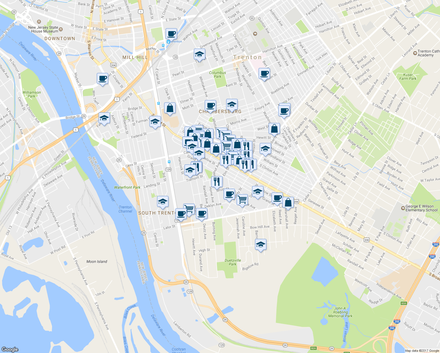 map of restaurants, bars, coffee shops, grocery stores, and more near Elm Street in Trenton
