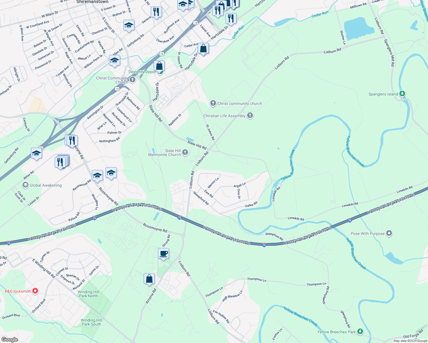 map of restaurants, bars, coffee shops, grocery stores, and more near 127 Ewe Rd in Mechanicsburg