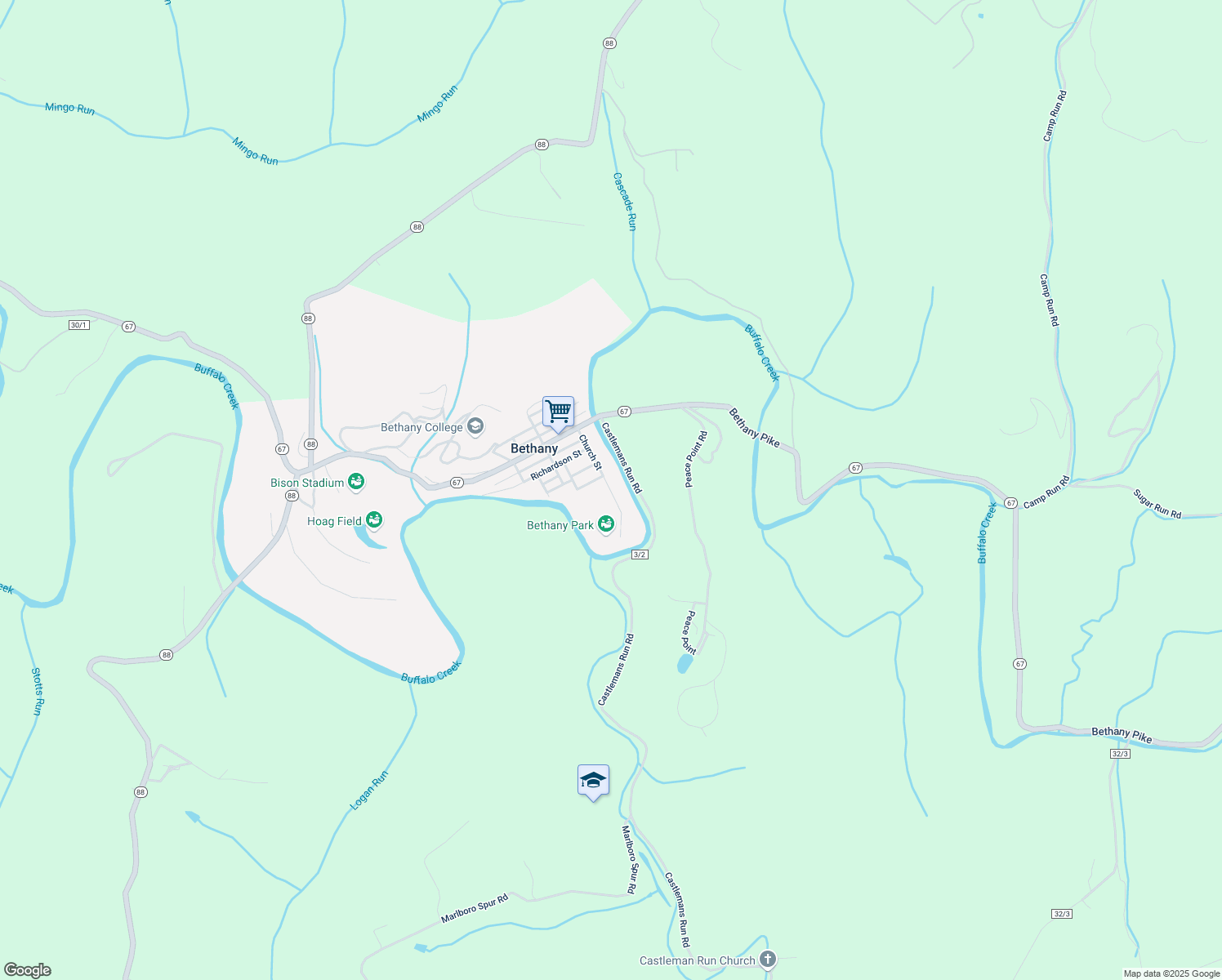 map of restaurants, bars, coffee shops, grocery stores, and more near 405 Church St in Bethany