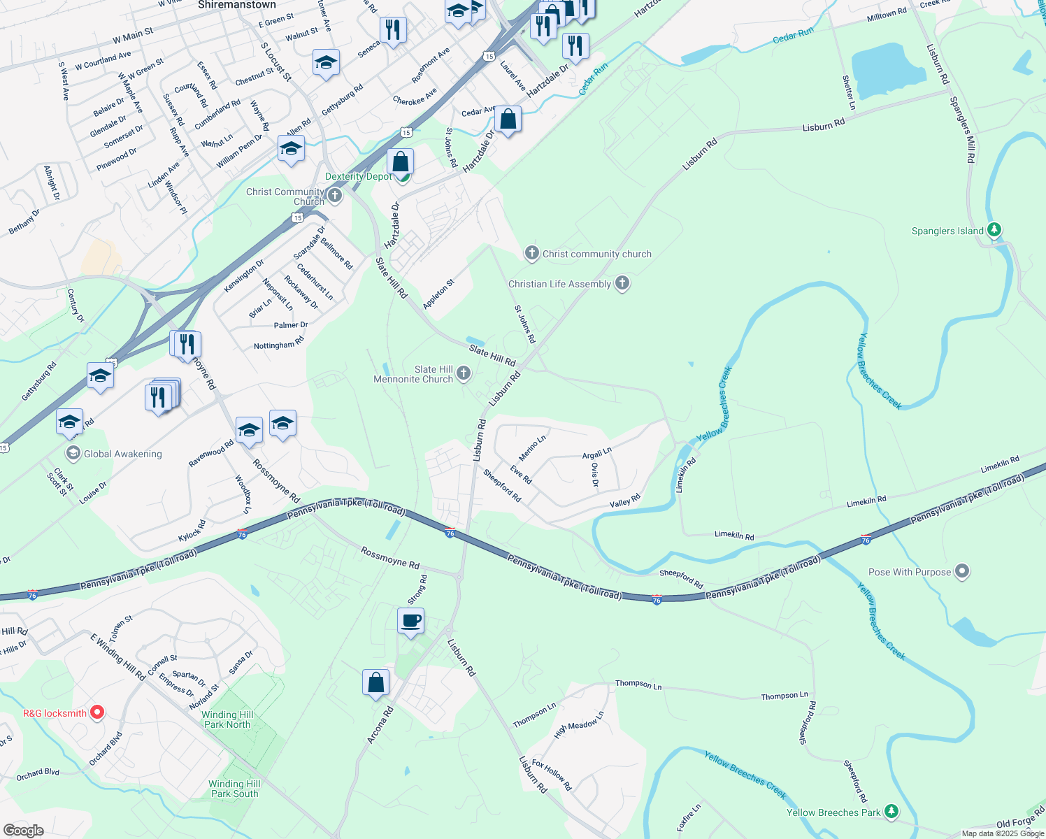 map of restaurants, bars, coffee shops, grocery stores, and more near 123 Ewe Road in Mechanicsburg