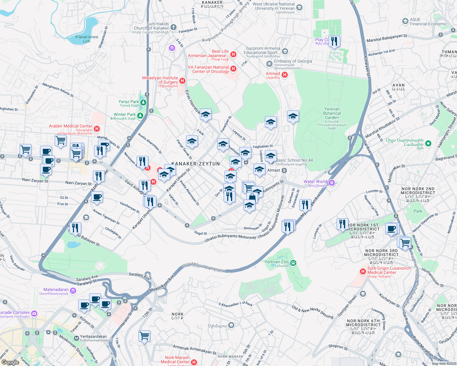 map of restaurants, bars, coffee shops, grocery stores, and more near Dro Street in Yerevan