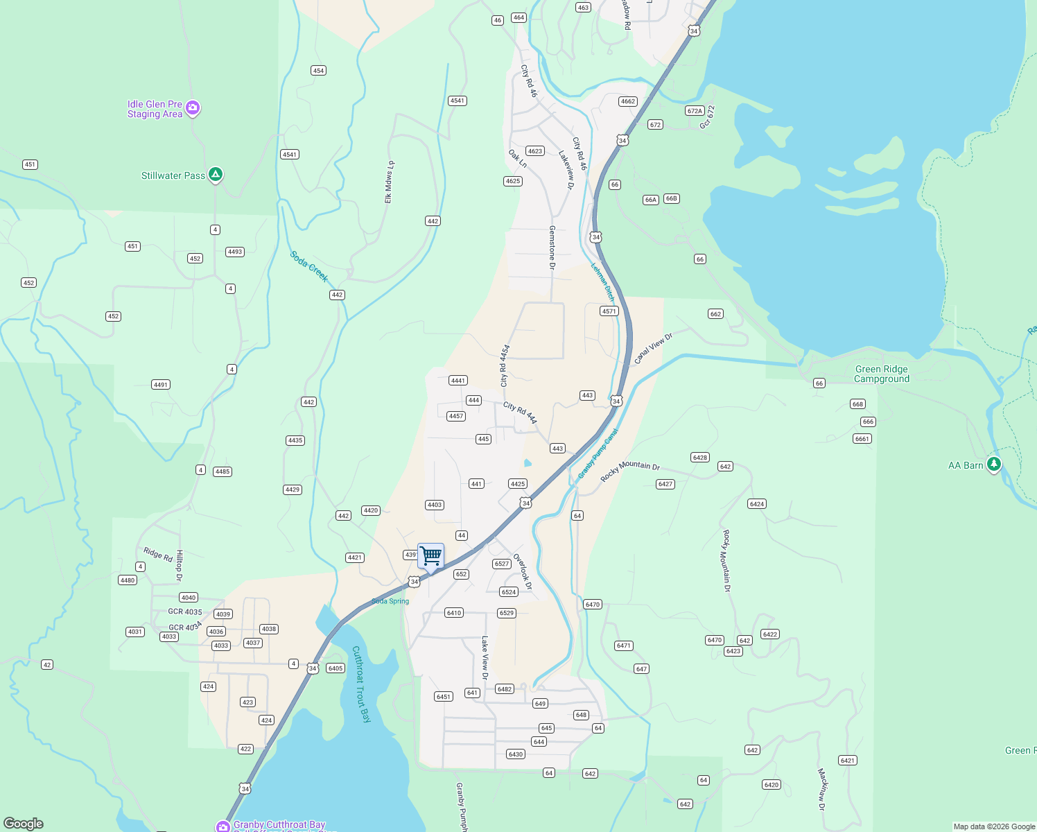 map of restaurants, bars, coffee shops, grocery stores, and more near 222 County Road 444 in Grand Lake