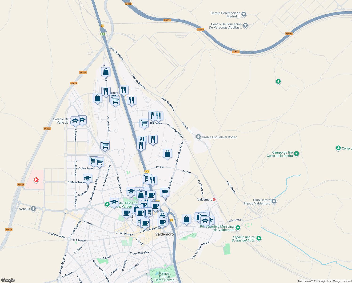 map of restaurants, bars, coffee shops, grocery stores, and more near 28 Avenida De las Arboledas in Valdemoro