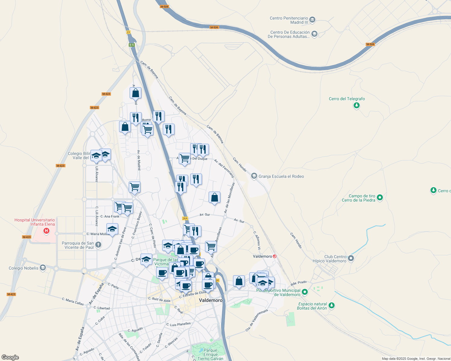 map of restaurants, bars, coffee shops, grocery stores, and more near 28 Avenida De las Arboledas in Valdemoro